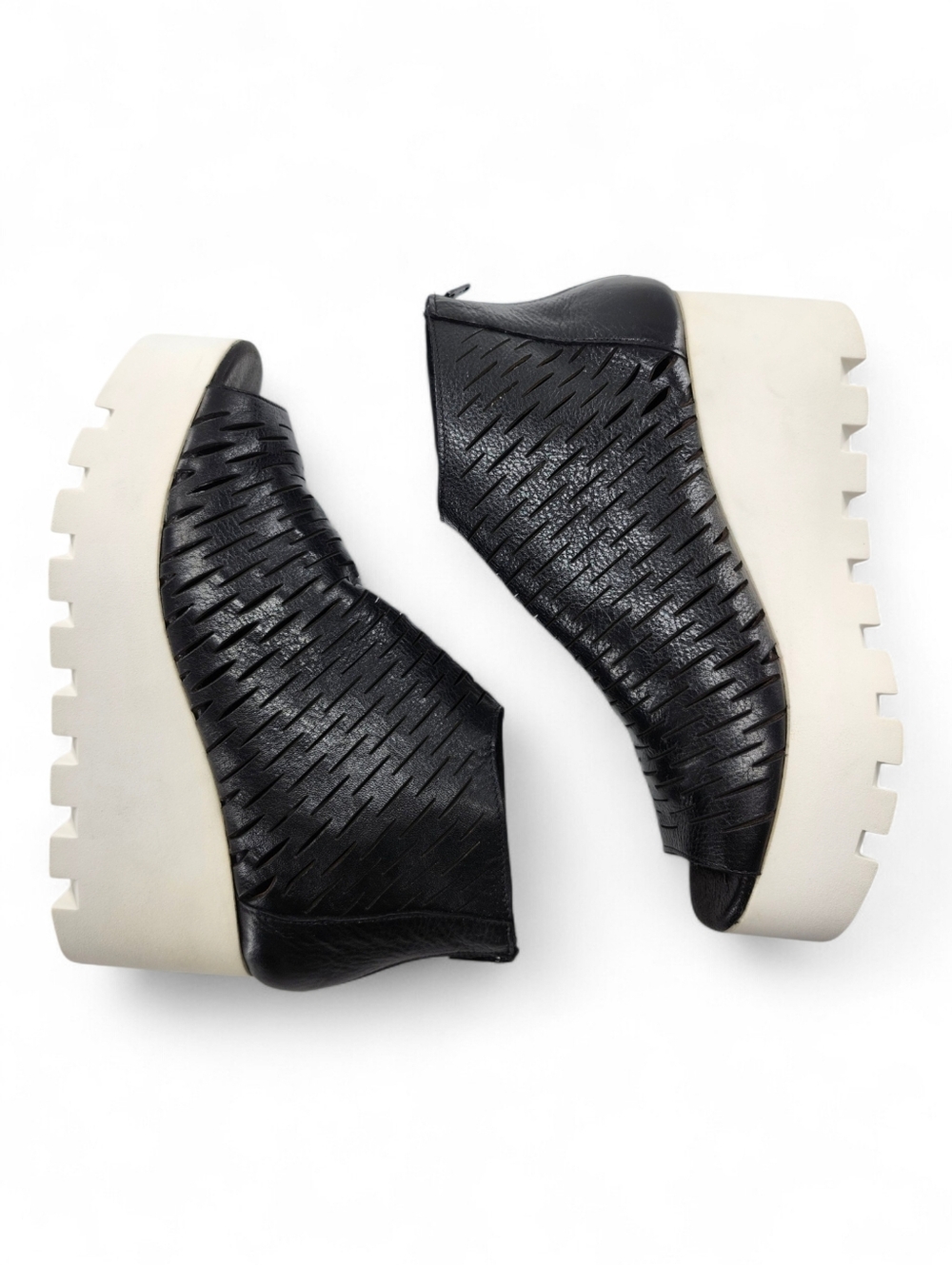 8100 Melrose Black Slit Leather Peep-Toe Ankle Back-Zip Wedge Sandals Italy - Picture 9 of 13